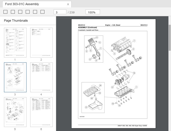 Ford 6.0L Power Stroke crankshaft camshaft and piston exploded view from Ford workshop manual section 303-01C