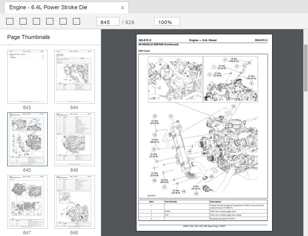 Ford Super Duty 6.4L Power Stroke EGR cooler removal with torque figures and part numbers sample page