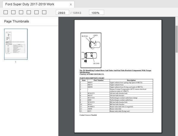 Ford Super Duty coolant hoses and fuel tube brackets figure with parts description chart and Ford part numbers