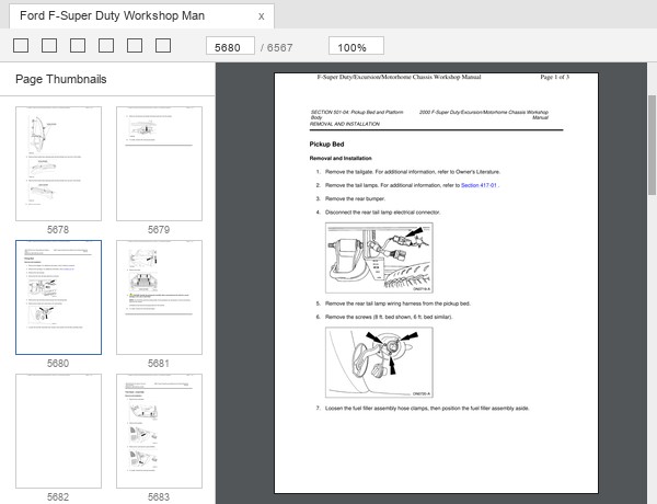 Ford Super Duty pickup bed removal and installation sample page section 501-04